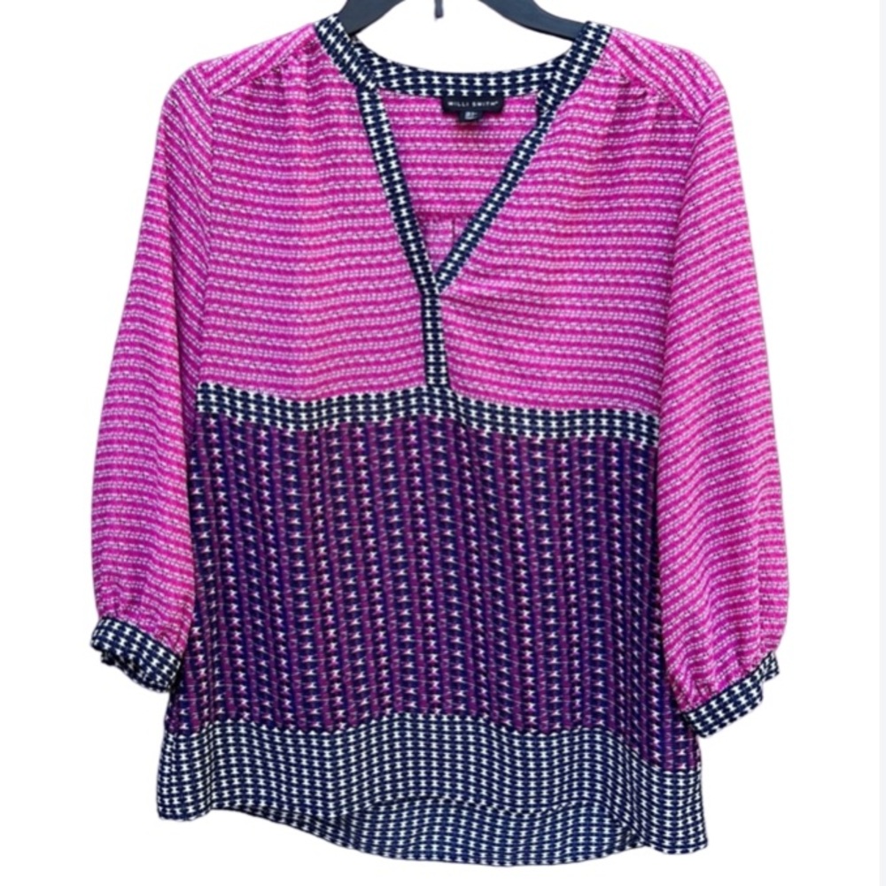 Willi Smith Sheer Boho Blouse Size Small, Pink/Navy/White